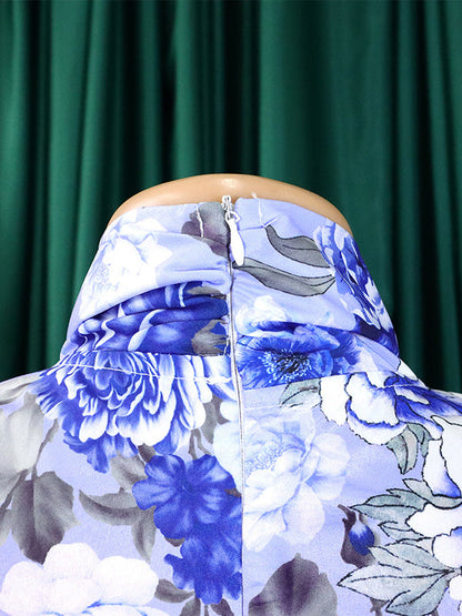 Long Sleeves Floral Printed Blouse + Split-Back Solid Color Skirt Two Pieces Set