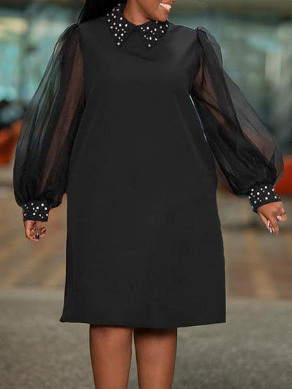 Puff Sleeves Beads Mesh Solid Color Split-Joint Round-neck Midi Dresses