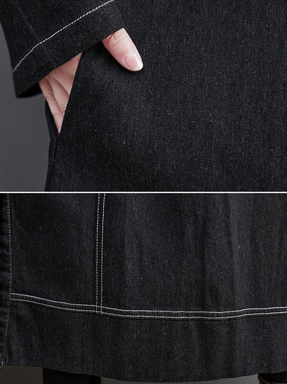 Casual Loose Long Sleeves Buttoned Lapel Collar Denim Trench Coats