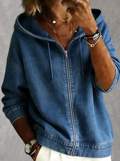 Zipper Solid Color Pockets Drawstring Loose Long Sleeves Hooded Outerwear Hoodies&sweatshirt Tops