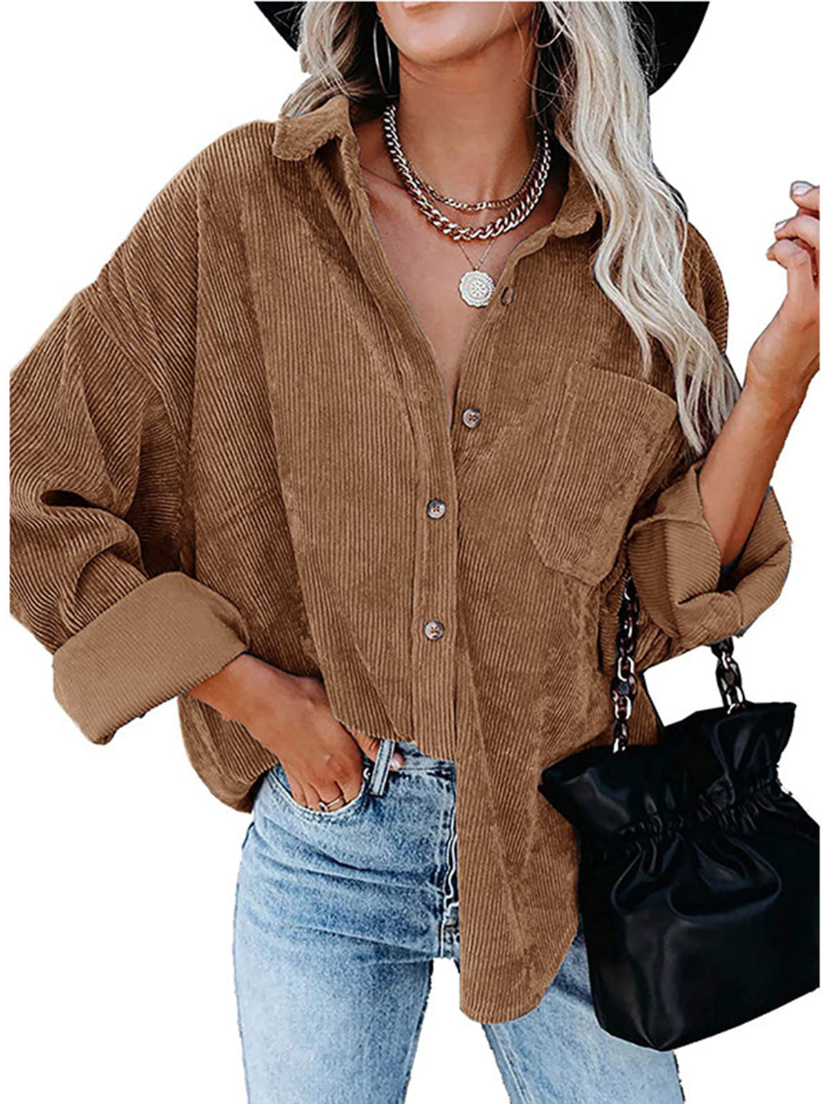Split-Joint Solid Color Pockets Buttoned Long Sleeves Lapel Blouses&shirts Tops
