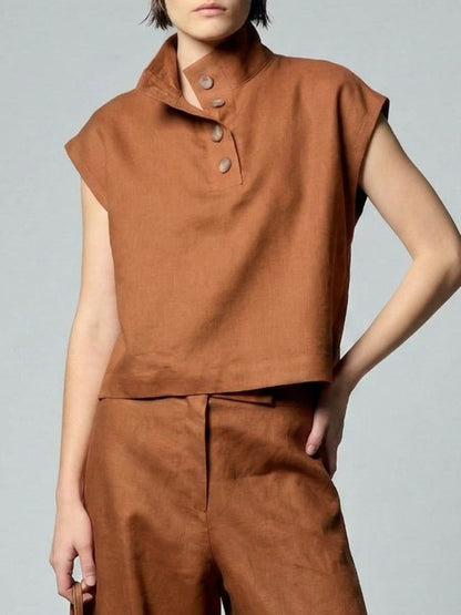Cropped Sleeveless Buttoned Solid Color Split-Joint Stand Collar Blouses&Shirts Tops