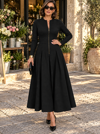 Zipper Solid Color Pockets Long Sleeves High Waisted Round-neck Maxi Dresses
