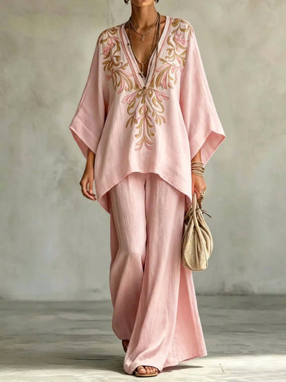 Batwing Sleeves High-Low Printed Solid Color Deep V-Neck Blouses&Shirts Tops Pants Trousers Two Pieces Set
