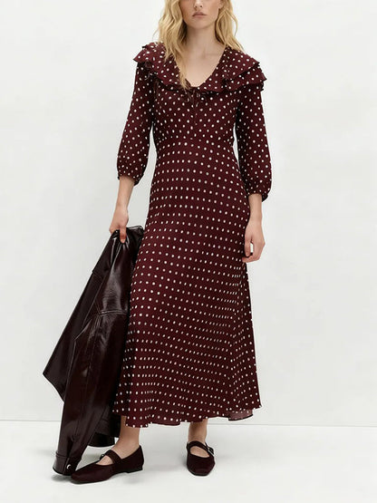 Puff Sleeves Seven-Quarter Sleeves Polka-Dot Ruffled V-Neck Maxi Dresses