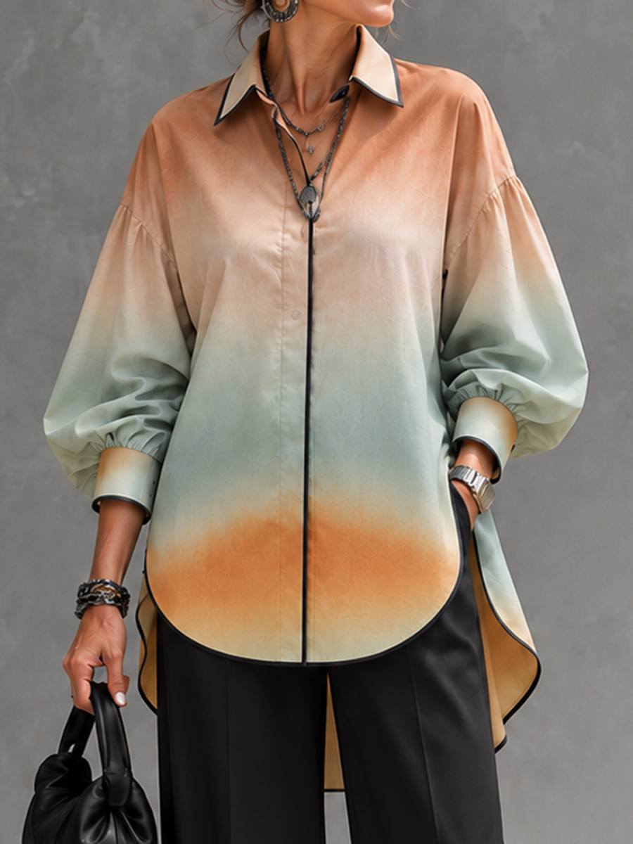 Gradient Contrast Color Colorful Buttoned Puff Sleeves Long Sleeves Lapel Blouses&shirts Tops