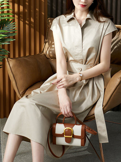 Plus Size Short Sleeves Bandage Solid Color Lapel Midi Dresses