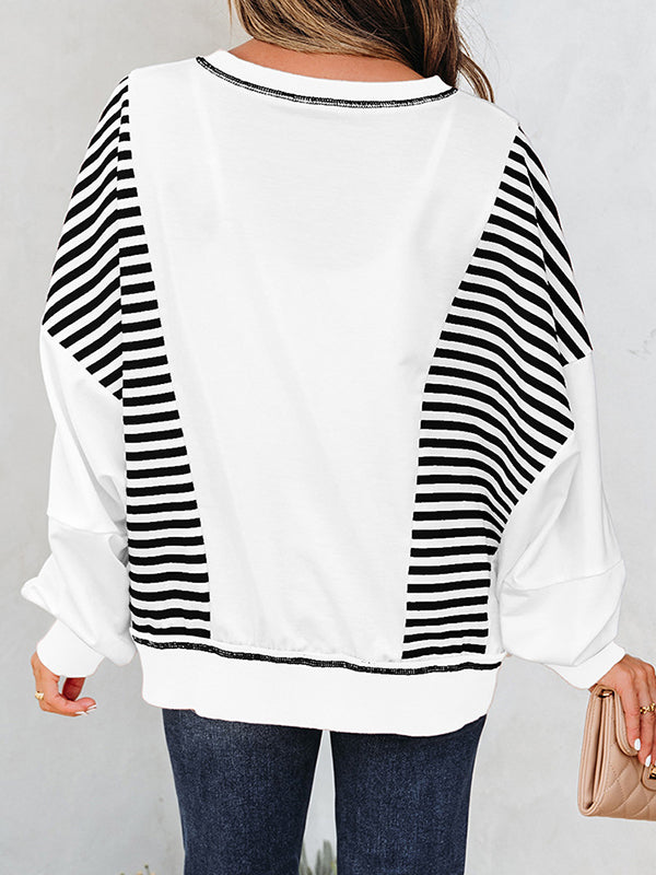 Long Sleeves Loose Contrast Color Striped Round-Neck Sweatshirt Tops