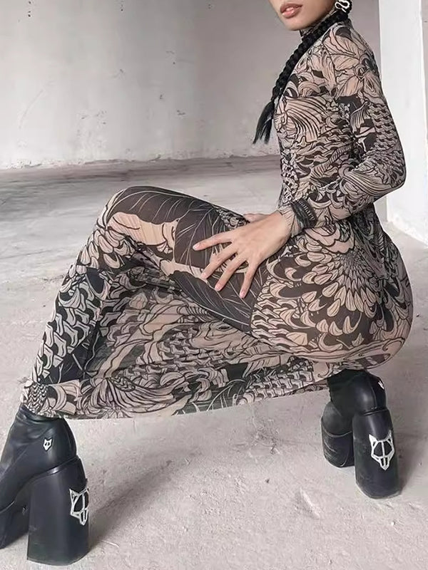 Long Sleeves Skinny Printed See-Through Split-Joint High Neck Evening Dresses Maxi Dresses