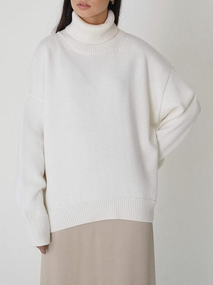 Long Sleeves Loose Solid Color High Neck Knitwear Pullovers Sweater Tops