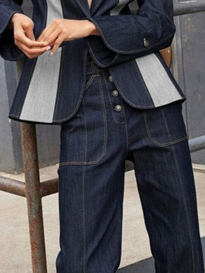 High Waisted Straight Leg Contrast Color Split-Joint Jean Pants Bottoms