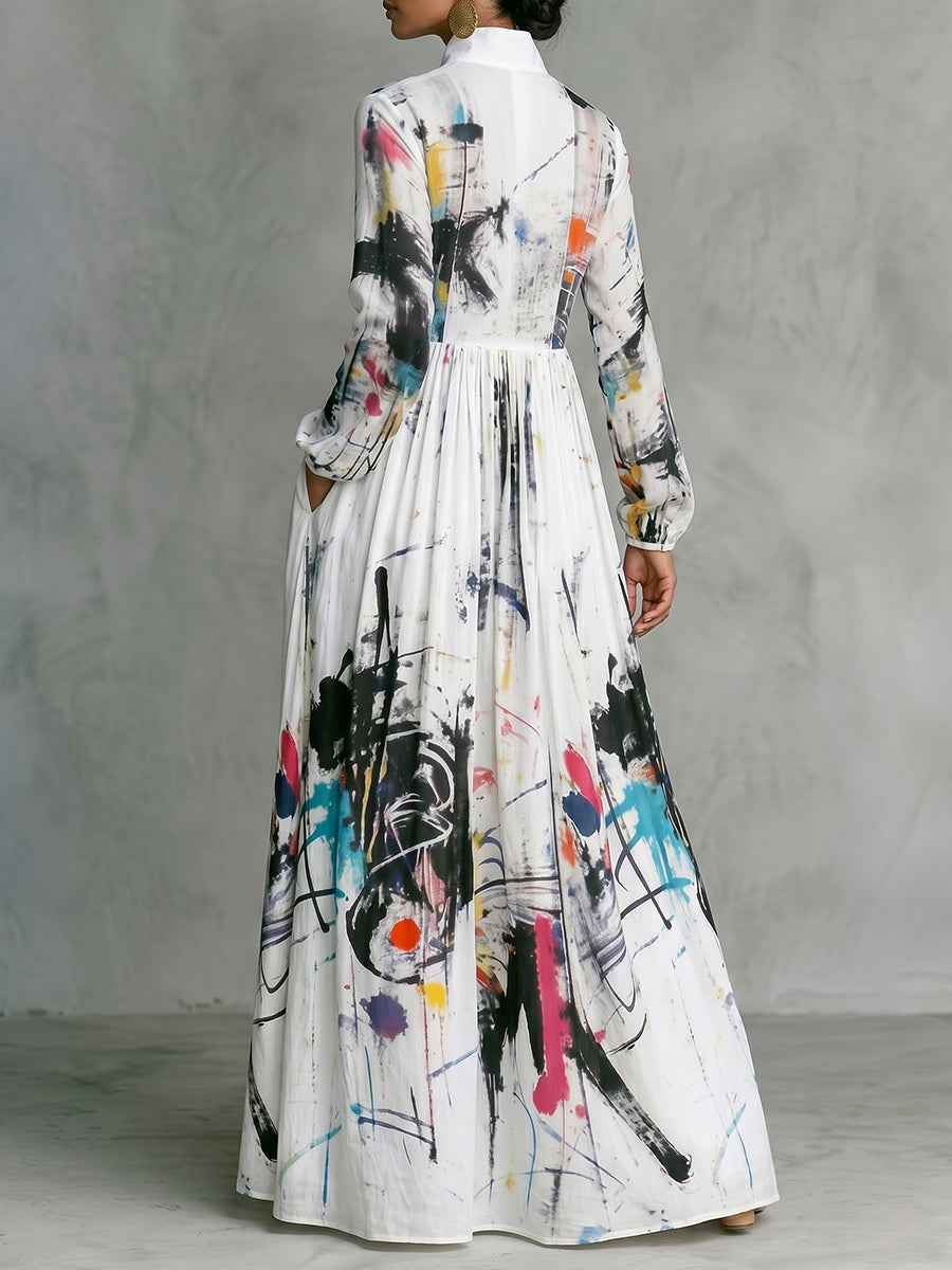 Long Sleeves Loose Buttoned Pleated Pockets Printed Split-Joint Stand Collar Maxi Dresses Shirt Dress