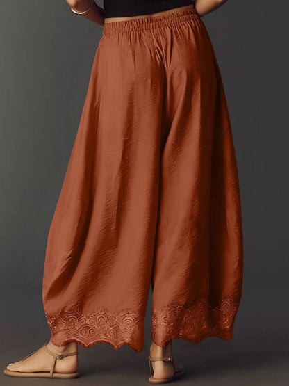 Split-Joint Solid Color Pockets Elasticity Drawstring Wide Leg Loose Trousers Pants