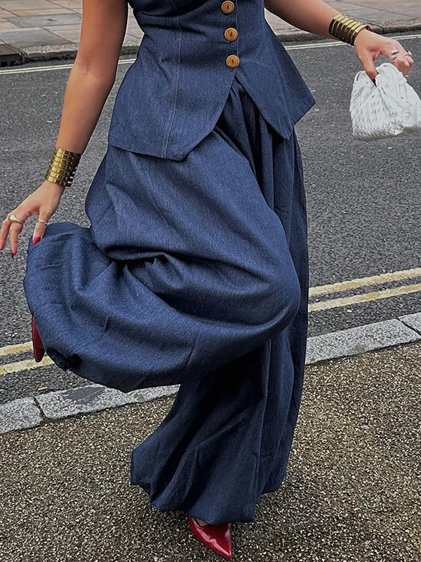 Pantalon sarouel ample plissé couleur unie en jean 