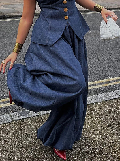 Pantalon sarouel ample plissé couleur unie en jean 