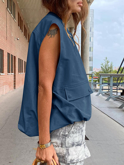 Gilet ample sans manches à poches fendues et fermeture éclair à col rond 