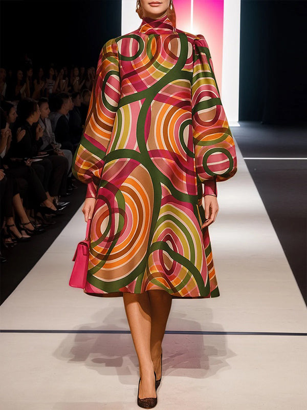 A-Line Long Sleeves Contrast Color High Neck Midi Dresses