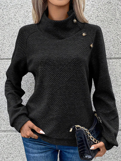 Long Sleeves Loose Asymmetric Buttoned Solid Color Split-Joint Mock Neck Sweatshirt Tops