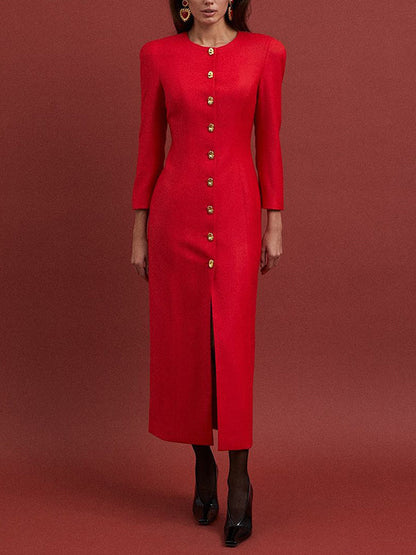 Robe chemise moulante à manches longues et col en V, couleur unie, boutonnée 