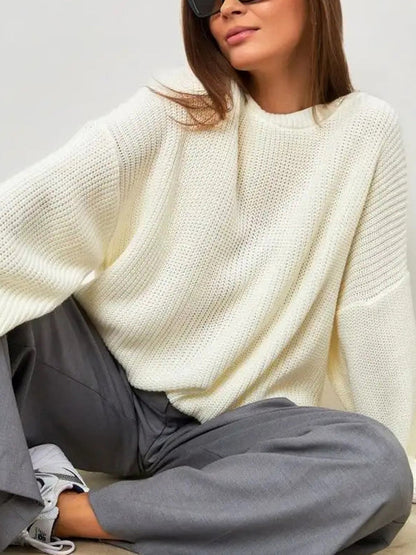 Long Sleeves Loose Solid Color Split-Joint Round-Neck Sweater Tops