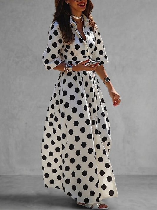 A-Line Half Sleeves Buttoned Contrast Color Elasticity Polka Dot Lapel Maxi Dresses Shirt Dress