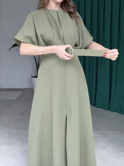 Loose Raglan Sleeve Pleated Split-Front Split-Joint Tied Waist Round-Neck Maxi Dresses