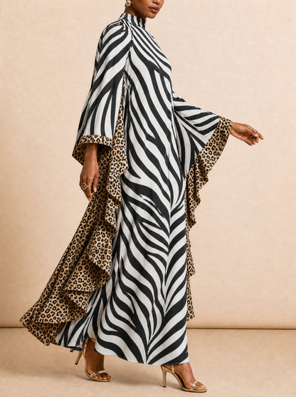 Zipper Zebra Printed Leopard Loose Batwing Sleeves Mock Neck Maxi Dresses