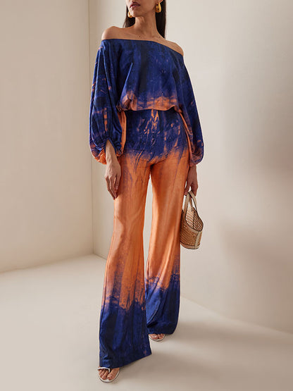 High Waisted Loose Contrast Color Gradient Split-Joint Tie-Dyed Pants Trousers