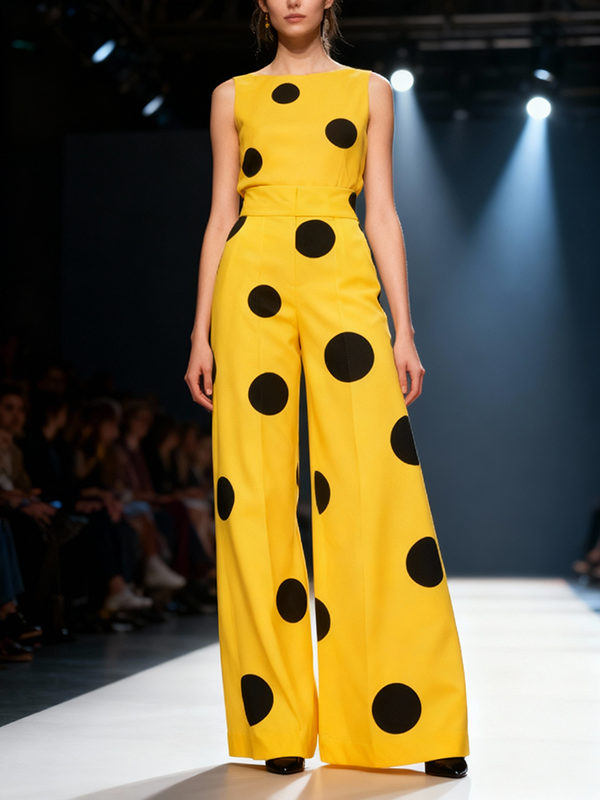 Elasticated Waist High Waisted Contrast Color Polka-Dot Split-Joint Pants