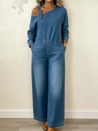 Long Sleeves Wide Leg Asymmetric Buckle Pockets Split-Joint Zipper One-Shoulder Jumpsuits