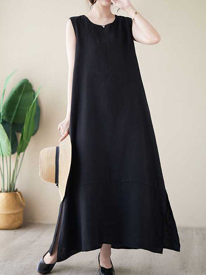 A-Linie Lockere einfarbige Midikleider mit Rundhalsausschnitt 