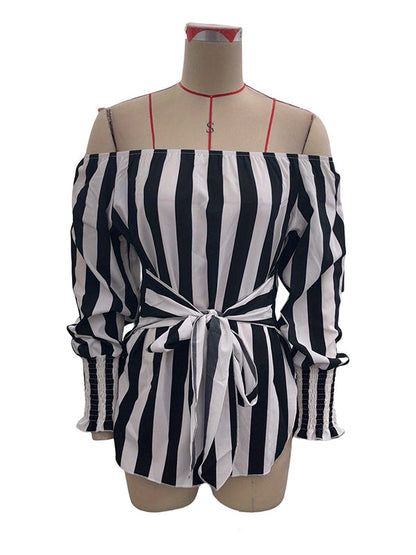 Long Sleeves Loose Contrast Color Elasticity Split-Joint Striped Tied Waist Off-The-Shoulder Blouses&Shirts Tops
