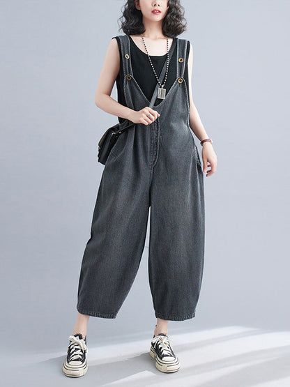 Cropped Loose Denim Buttoned Overalls
