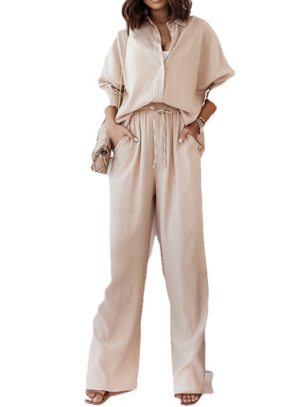 Solid Color High-Low Long Sleeves Lapel Blouses + Drawstring Pants Two Pieces Set