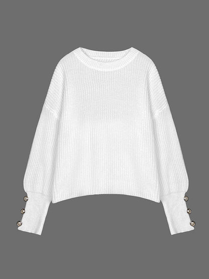 Long Sleeves Loose Buttoned Solid Color Split-Joint Round-Neck Pullovers Sweater Tops