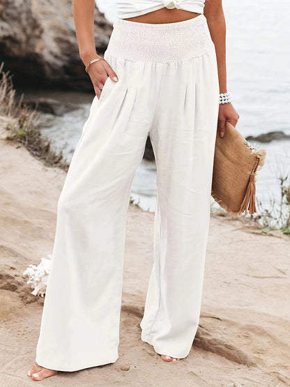 Elasticated Waist High Waisted Pleated Pockets Solid Color Split-Joint Pants