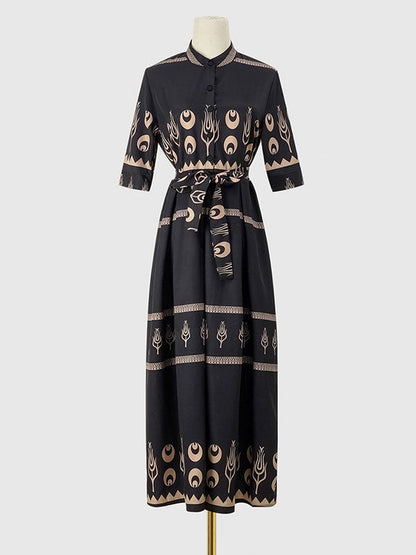 A-Line Half Sleeves Buttoned Tied Waist Lapel Midi Dresses