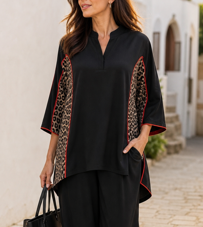 Split-side Split-Joint Leopard Contrast Color Three-quarter Sleeves Loose V-neck Blouses&shirts Tops