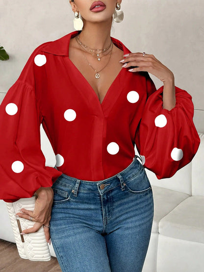 Long Sleeves Loose Contrast Color Pleated Polka Dot Split-Joint Lapel Blouses&Shirts Tops