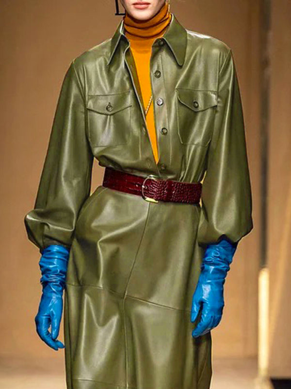 Long Sleeves Loose Buttoned No Belt Pockets Solid Color Split-Joint Lapel Midi Dresses