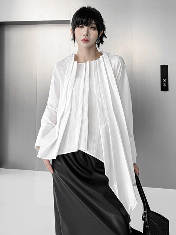 Hipster Irregularity Asymmetric Pleated Solid Color Round-Neck Blouses&Shirts Tops