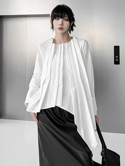 Hipster Irregularity Asymmetric Pleated Solid Color Round-Neck Blouses&Shirts Tops