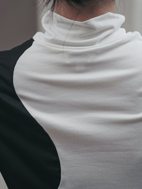T-shirts urbains skinny à manches longues et col montant asymétriques contrastés 