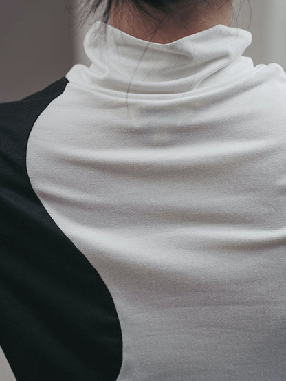 T-shirts urbains skinny à manches longues et col montant asymétriques contrastés 