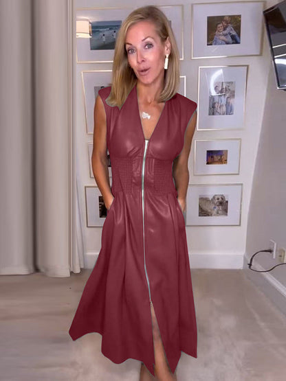 A-Line Elasticated Waist Pockets Solid Color Split-Joint Zipper V-Neck Midi Dresses