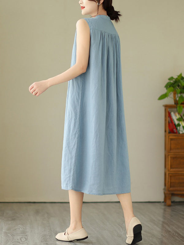A-Line Sleeveless Buttoned Pleated Solid Color Round-Neck Midi Dresses