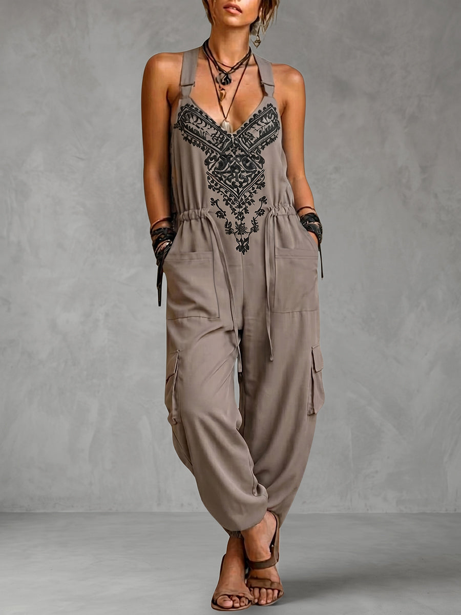 Loose Sleeveless Contrast Color Drawstring Elasticity Pockets Printed Halter-Neck Overalls