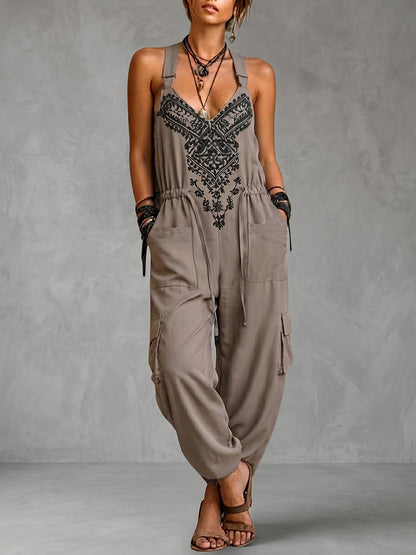 Loose Sleeveless Contrast Color Drawstring Elasticity Pockets Printed Halter-Neck Overalls