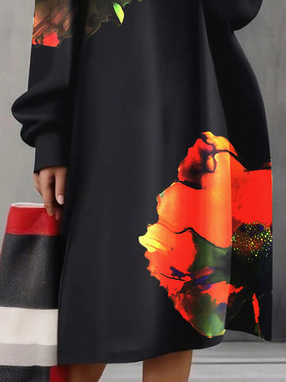 A-Line Long Sleeves Flower Print Round-Neck Midi Dresses