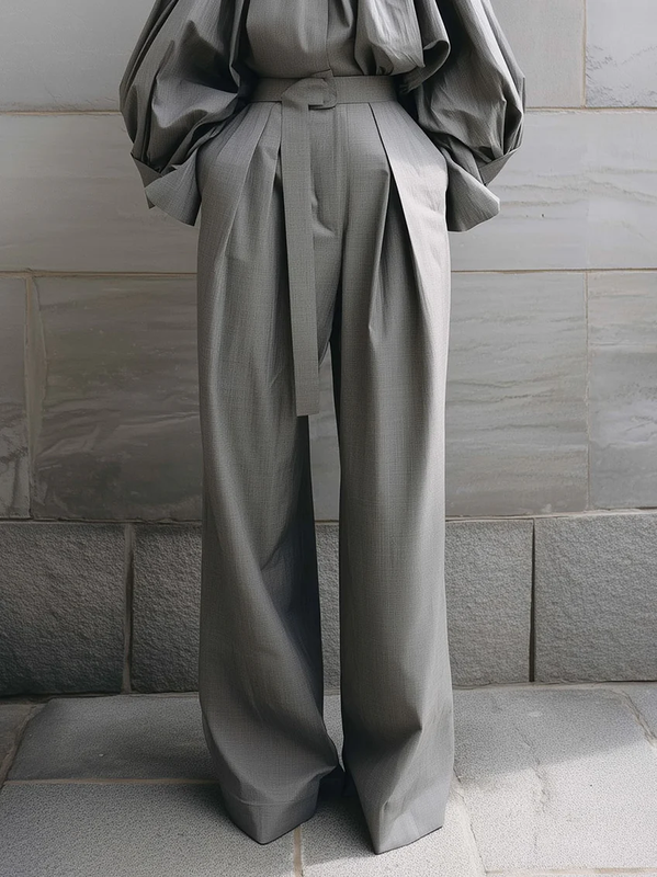 High Waisted Wide Leg Belted Pleated Pockets Solid Color Pants Trousers